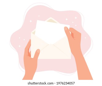 Hands holding envelope. Blank paper with copy space. Vector concept illustration in flat cartoon style.