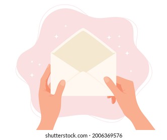 Hands holding envelope. Blank paper with copy space. Vector concept illustration in flat cartoon style.