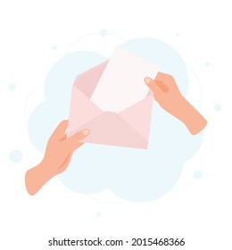Hände, die Umschläge mit leeren Papierbuchstaben mit Leerzeichen für Text halten. Empfang von Mail-Konzept. Vektorgrafik.