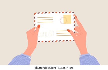 Hands holding envelope. Correspondence and postal delivery concept. Top-down view. Post stamps and postcards. Vector illustration in flat cartoon style.
