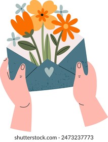 Hands Holding Envelope With Flowers Vector Illustration