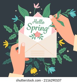 Manos sosteniendo un sobre con una tarjeta de saludo Hola primavera sobre un fondo de flores. Ilustración vectorial en un estilo plano.