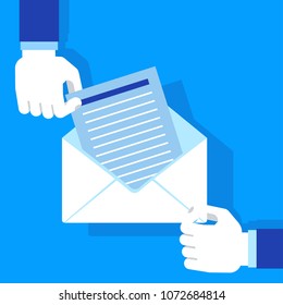 Hands holding envelope with letter. Flat vector cartoon illustration. Objects isolated on a blue background.