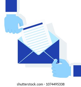 Hands holding envelope with letter. Flat vector cartoon illustration. Objects isolated on a blue background.