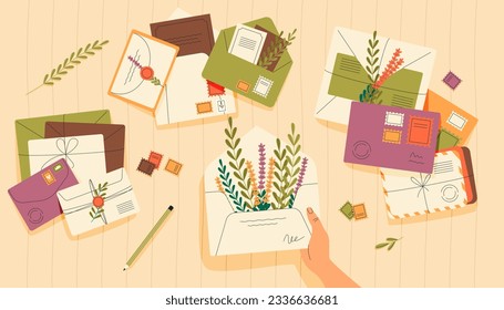 Hands holding envelope. Hands holding letter with open envelope and post stamp, post office delivery service concept. Vector flat illustration of envelope letter message