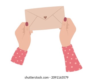 Hands holding an envelope with a letter. Hands with painted nails. Vector illustration