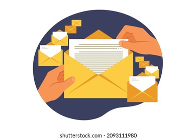 Hands holding envelope. Mail message. Paper letter. Vector illustration. Flat