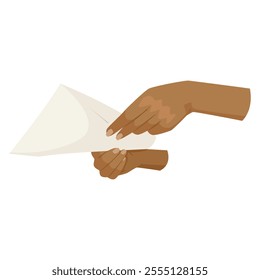 Hands holding an envelope on a white background. Vector illustration