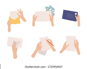 Hands holding envelope and paper sheet. Correspondence through postal service.