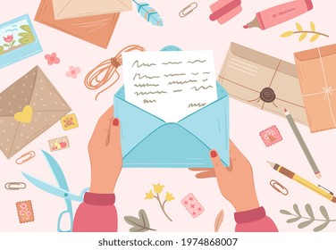 Hands holding envelope. Prepare future letters, postal papers. Self writing messaging, write postcard message cartoon exact vector concept