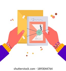 Hands Holding Envelope With Stamps. People Sending Written Letter Or Correspondence Through Postal Service. Hand Made Gift Or Present With Craft Paper Letter, Ribbon, Branches And Other Decor, Vector