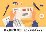 Hands holding envelope with stamps surrounded by stationery. Top view on table surface. Sending written letter or correspondence through postal service. Flat cartoon colorful vector illustration.