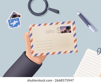 Hands holding envelope with stamps surrounded by stationery. 3D render vector illustration. Sending written letter or correspondence through postal service. Top view on table surface. Colorful vector