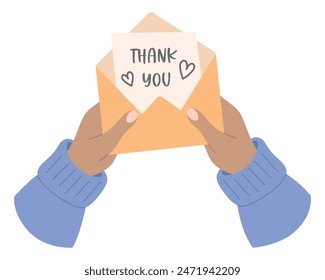 Hands holding envelope with Thank you card inside. Communication, correspondence, gratitude, post or stationery theme. Vector illustration in flat style isolated on white background.