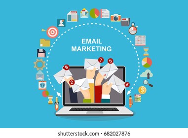 Hands holding envelopes email coming out from laptop. Email marketing, internet advertising concepts. Flat vector illustration.