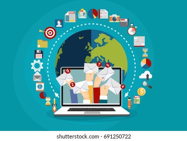 Hands holding envelopes email coming out from laptop. Email marketing, internet advertising concepts. Flat vector illustration.