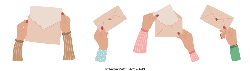 Hands holding envelopes and letters. Women's hands with painted nails. Vector illustration in a flat style