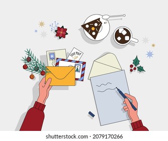 Hands holding envelopes and postcards and surrounded by flower, cake and cocoa and writing a letter. Sending letters through postal service for Christmas. Top view. Cartoon flat vector illustration