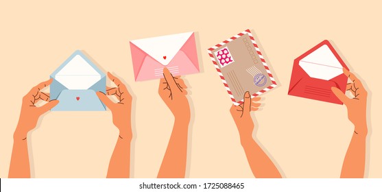 Hands Holding Envelopes. Variety Of Isolated Vector Hands Holding Postcards And Envelopes. Trendy Hand-drawn Illustration For Banner, Greeting Card And Stationery Design. Mail Delivery And Post Office