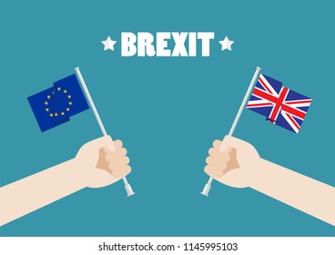 Hands holding European Union and British Union Jack flags. Vector illustration