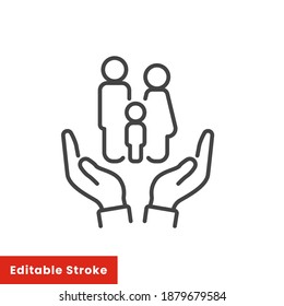 Hands holding family icon. Family life insurance sign, thin line web symbol on white background - editable stroke vector illustration eps10