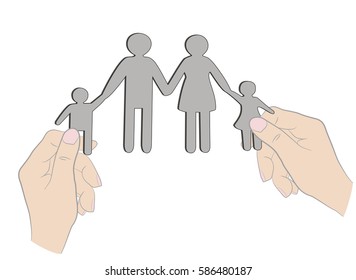 hands holding family silhouette cut out of paper. vector illustration.