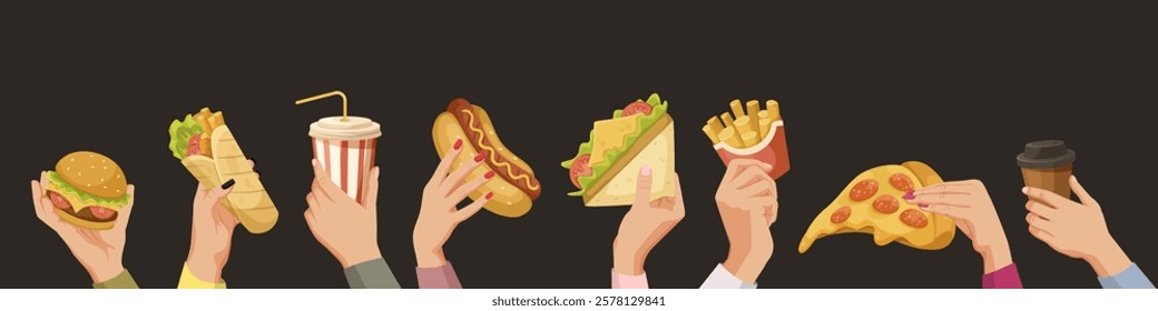 Hands holding fast food items on black background. Vector illustration