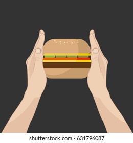 Hands holding fast food meal. Illustration with burger on dark background