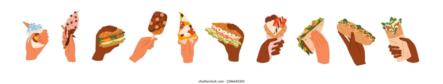 Hands holding fast food, street snacks set. Arms with sweet dessert, takeaway pizza, burger, croissant, hotdog, icecream, sandwich and shawarma. Flat vector illustrations isolated on white background