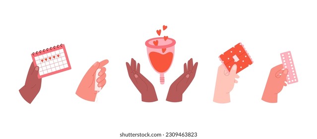 Hands holding female hygiene tools, menstruation cycle supplies. Pads and tampon, menstrual cup and calendar. Gynecology, woman health vector set