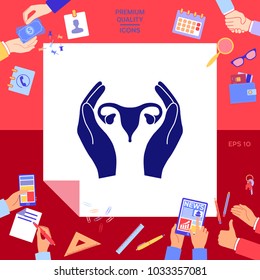 Hands holding Female uterus - protection icon