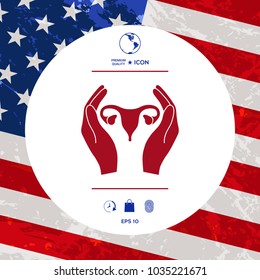 Hands holding Female uterus - protection icon