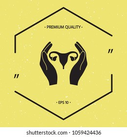 Hands holding Female uterus - protection icon