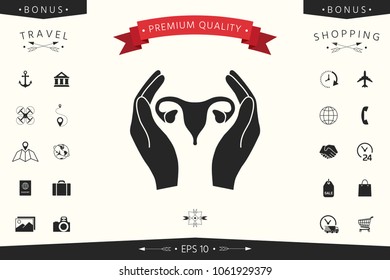 Hands holding Female uterus - protection icon
