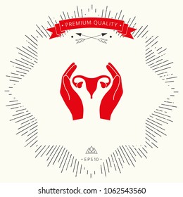 Hands holding Female uterus - protection icon