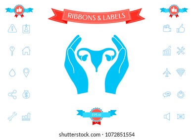 Hands holding Female uterus - protection icon