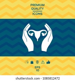 Hands holding Female uterus - protection icon