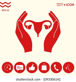 Hands holding Female uterus - protection icon