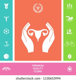 Hands holding Female uterus - protection icon