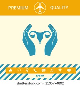 Hands holding Female uterus - protection icon