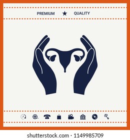 Hands holding Female uterus - protection icon