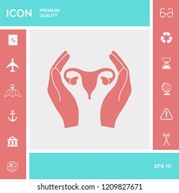 Hands holding Female uterus - protection icon