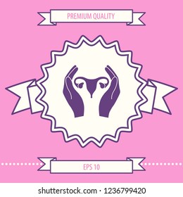 Hands holding Female uterus - protection icon. Graphic elements for your design