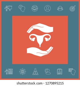 Hands holding Female uterus - protection symbol. Graphic elements for your design