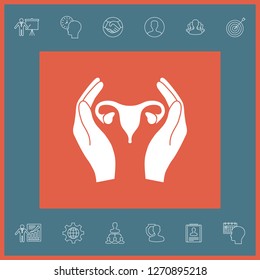 Hands holding Female uterus - protection icon. Graphic elements for your design