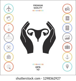 Hands holding Female uterus - protection icon. Graphic elements for your design