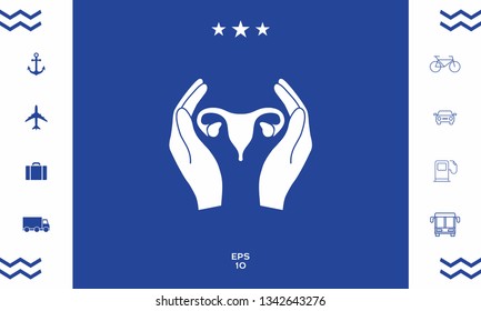 Hands holding Female uterus - protection icon. Graphic elements for your design