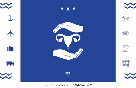 Hands holding Female uterus - protection symbol. Graphic elements for your design