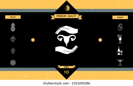 Hands holding Female uterus - protection symbol. Graphic elements for your design