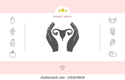 Hands holding Female uterus - protection icon. Graphic elements for your design
